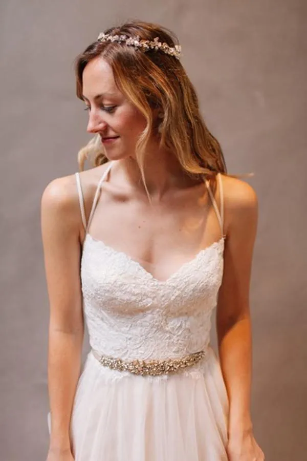Halter Sweep Train Criss-Cross Straps Wedding Dress With Beading Lace TN0112