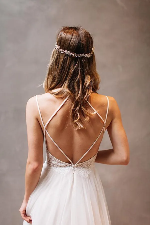 Halter Sweep Train Criss-Cross Straps Wedding Dress With Beading Lace TN0112