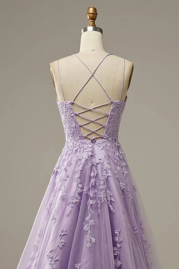 Lilac A Line Tulle Lace Appliques Long Prom Dress With Straps OK1048
