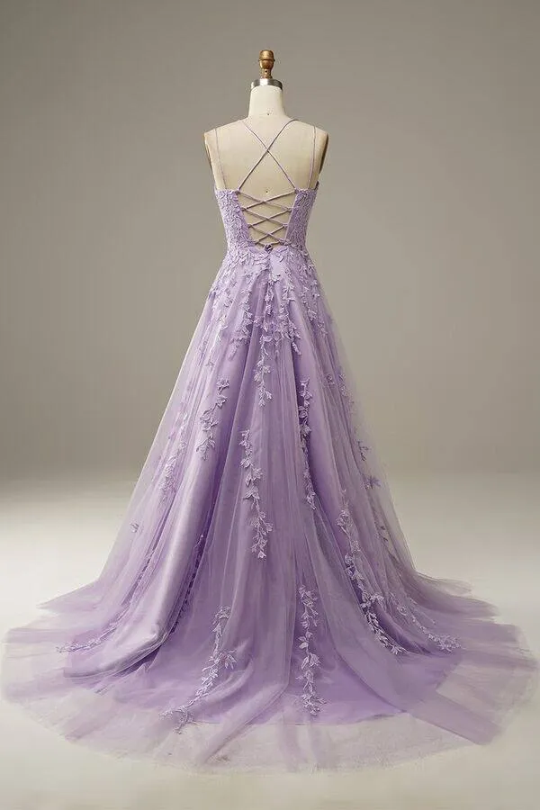 Lilac A Line Tulle Lace Appliques Long Prom Dress With Straps OK1048