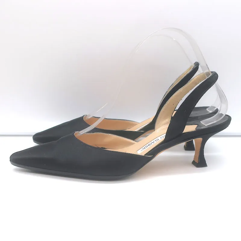 Manolo Blahnik Carolyne Kitten Heel Slingback Pumps Black Satin Size 38.5