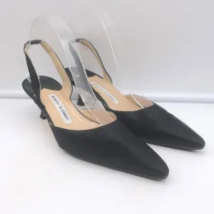 Manolo Blahnik Carolyne Kitten Heel Slingback Pumps Black Satin Size 38.5