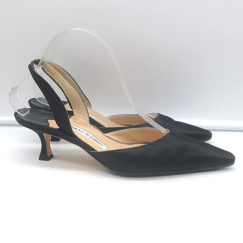Manolo Blahnik Carolyne Kitten Heel Slingback Pumps Black Satin Size 38.5