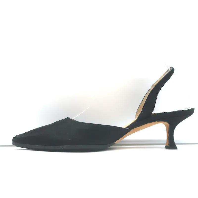 Manolo Blahnik Carolyne Kitten Heel Slingback Pumps Black Satin Size 38.5