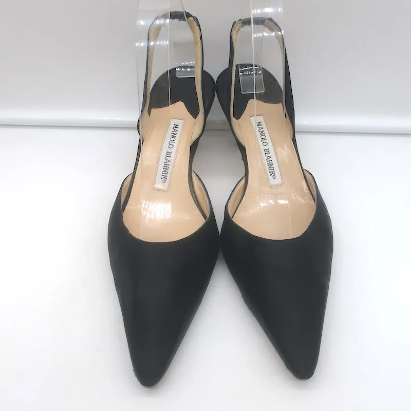 Manolo Blahnik Carolyne Kitten Heel Slingback Pumps Black Satin Size 38.5
