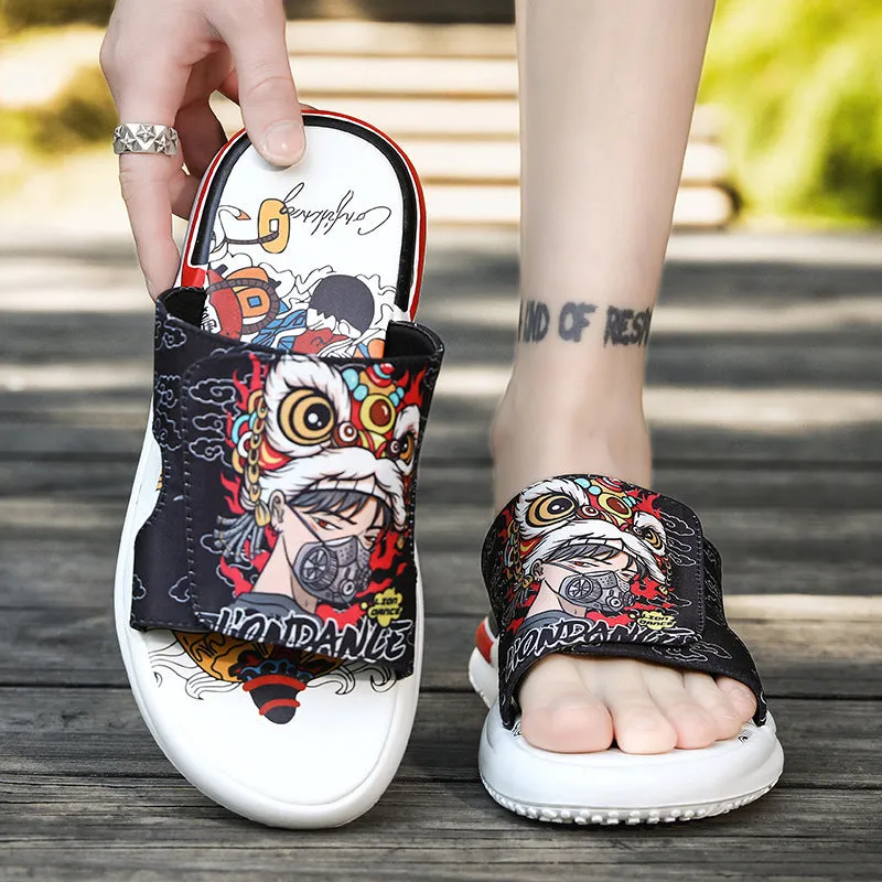 Masked Lion Dance Boy Design Men's Summer Sandals