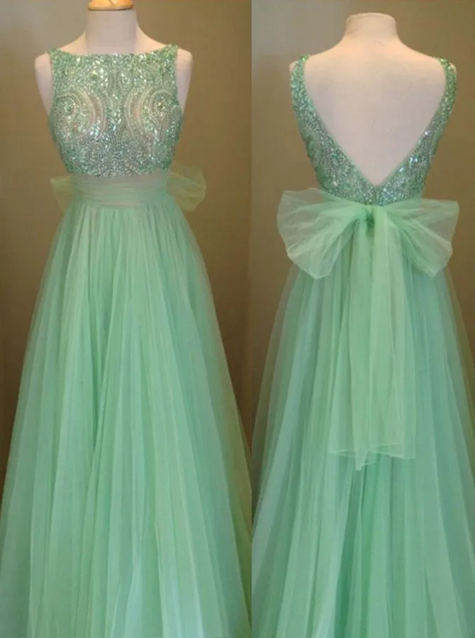 Mint Beaded Prom Dress Tulle Low Back Evening Gowns Sparkly Formal Party Dress Tulle Skirt Bridesmaid