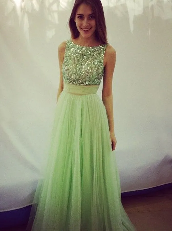 Mint Beaded Prom Dress Tulle Low Back Evening Gowns Sparkly Formal Party Dress Tulle Skirt Bridesmaid