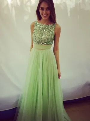 Mint Beaded Prom Dress Tulle Low Back Evening Gowns Sparkly Formal Party Dress Tulle Skirt Bridesmaid