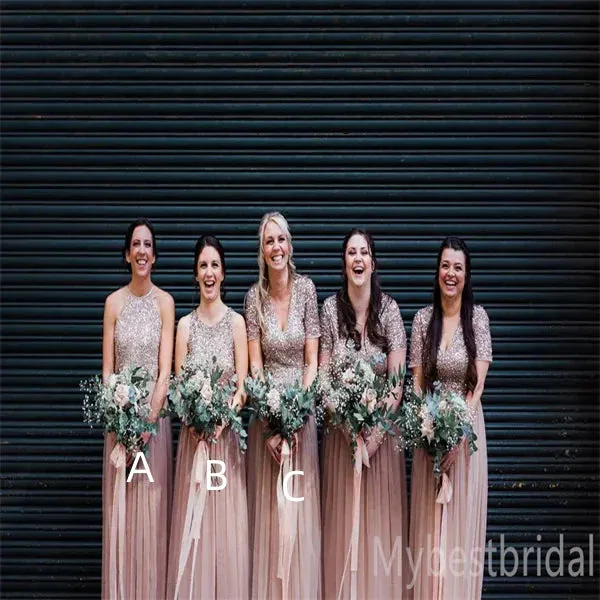 Mismatched Beading Halter V-neck A-line Elegant Simple Pretty Long Bridesmaid Dresses,BDS0224