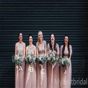 Mismatched Beading Halter V-neck A-line Elegant Simple Pretty Long Bridesmaid Dresses,BDS0224