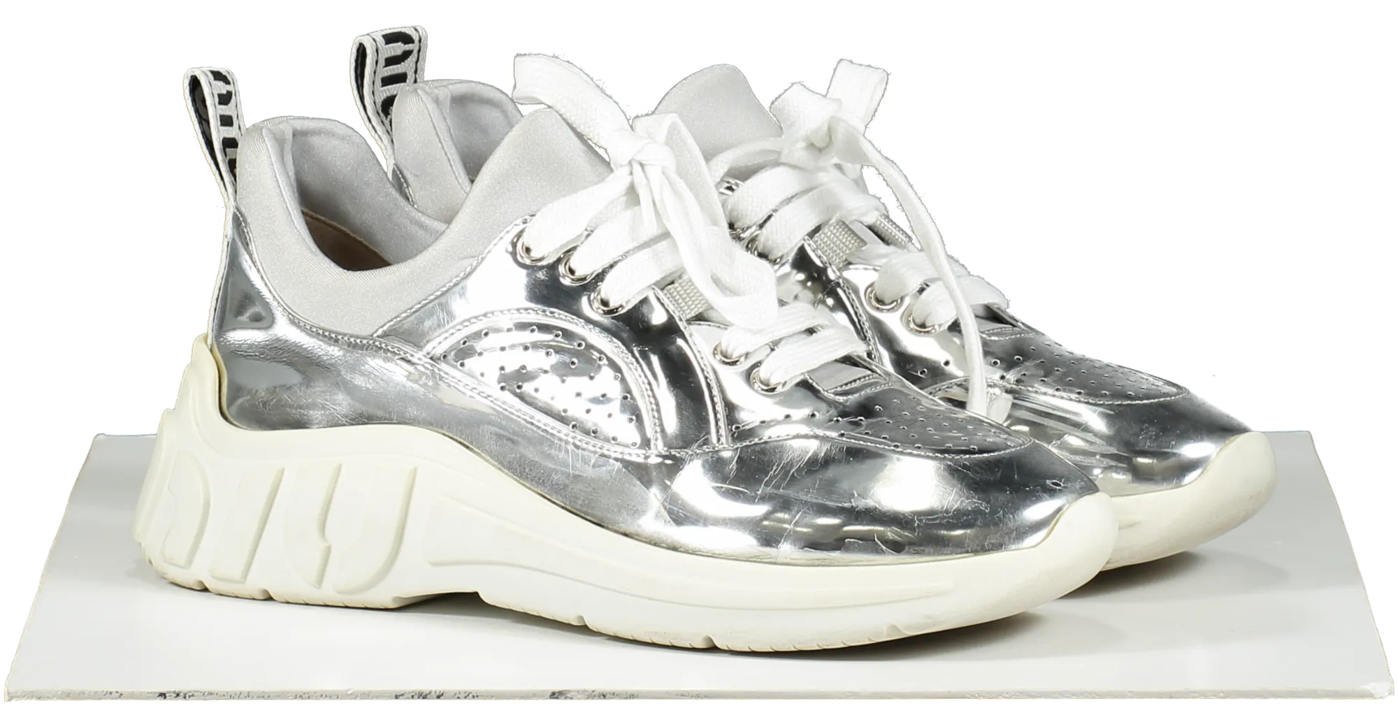 Miu Miu Metallic Silver Logo Heel Run Metal Tech Trainers UK 6 EU 39 👠