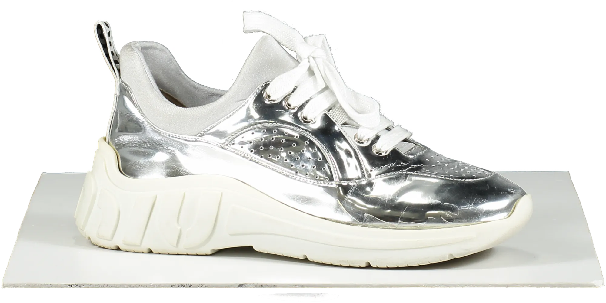 Miu Miu Metallic Silver Logo Heel Run Metal Tech Trainers UK 6 EU 39 👠