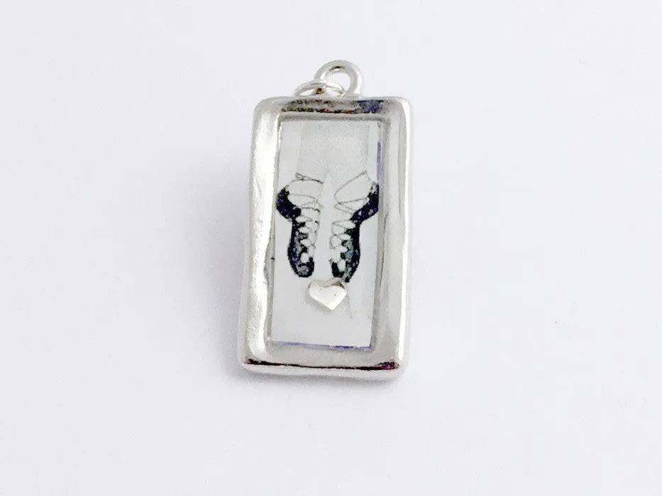 Pewter Frame with Irish Dance soft shoes and sterling silver heart print pendant-resin, Feis,