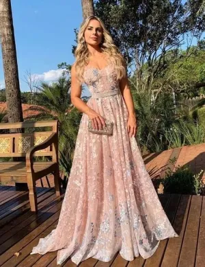 Pink A Line Lace Appliques Spaghetti Straps Long Prom Dresses LW1242