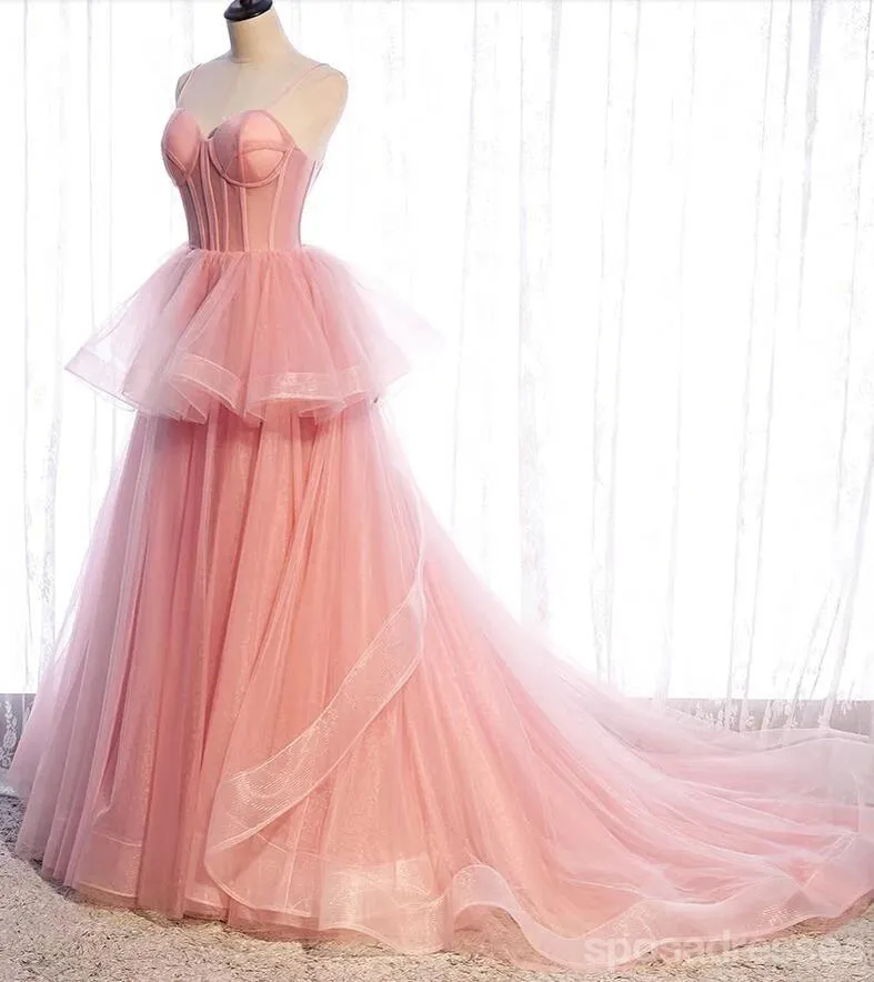 Pink A-line Spaghetti Straps V-neck Long Prom Dresses Online, Dance Dresses,12684