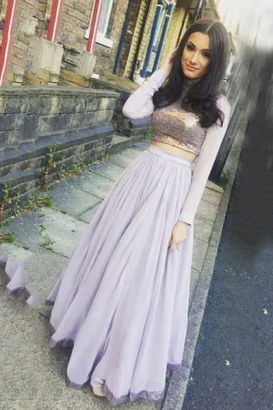Pretty Two Pieces Long Prom Dress Full Sleeve School Dance Dress Graduation Dress OKZ87