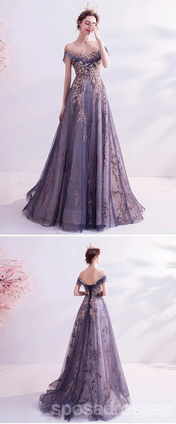 Purple A-line Off Shoulder Long Prom Dresses Online, Dance Dresses,12797