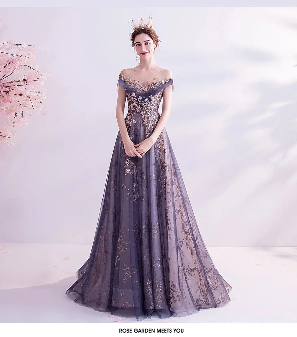 Purple A-line Off Shoulder Long Prom Dresses Online, Dance Dresses,12797