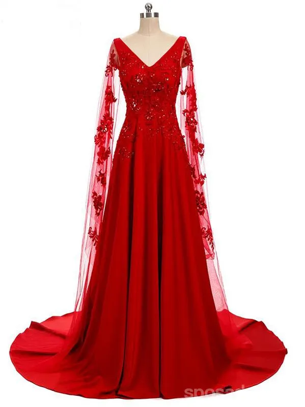 Red A-line Long Sleeves V-neck Cheap Prom Dresses Online,Dance Dresses,12578
