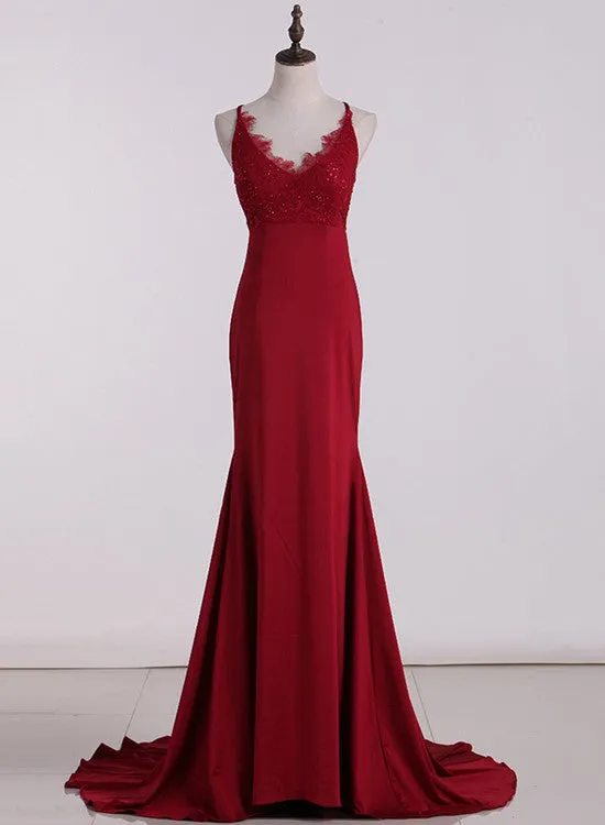 Red High Waist Straps Mermaid Gown, Wine Red Formal Dress, Cross Back Prom Dress