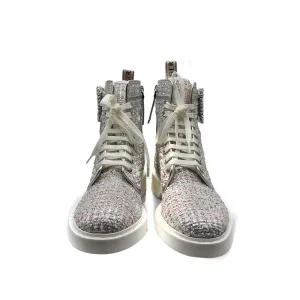 Roger Vivier NIB Crystal Tweed Cream Hiking Scout Boots 37 US 7 Silver Combat