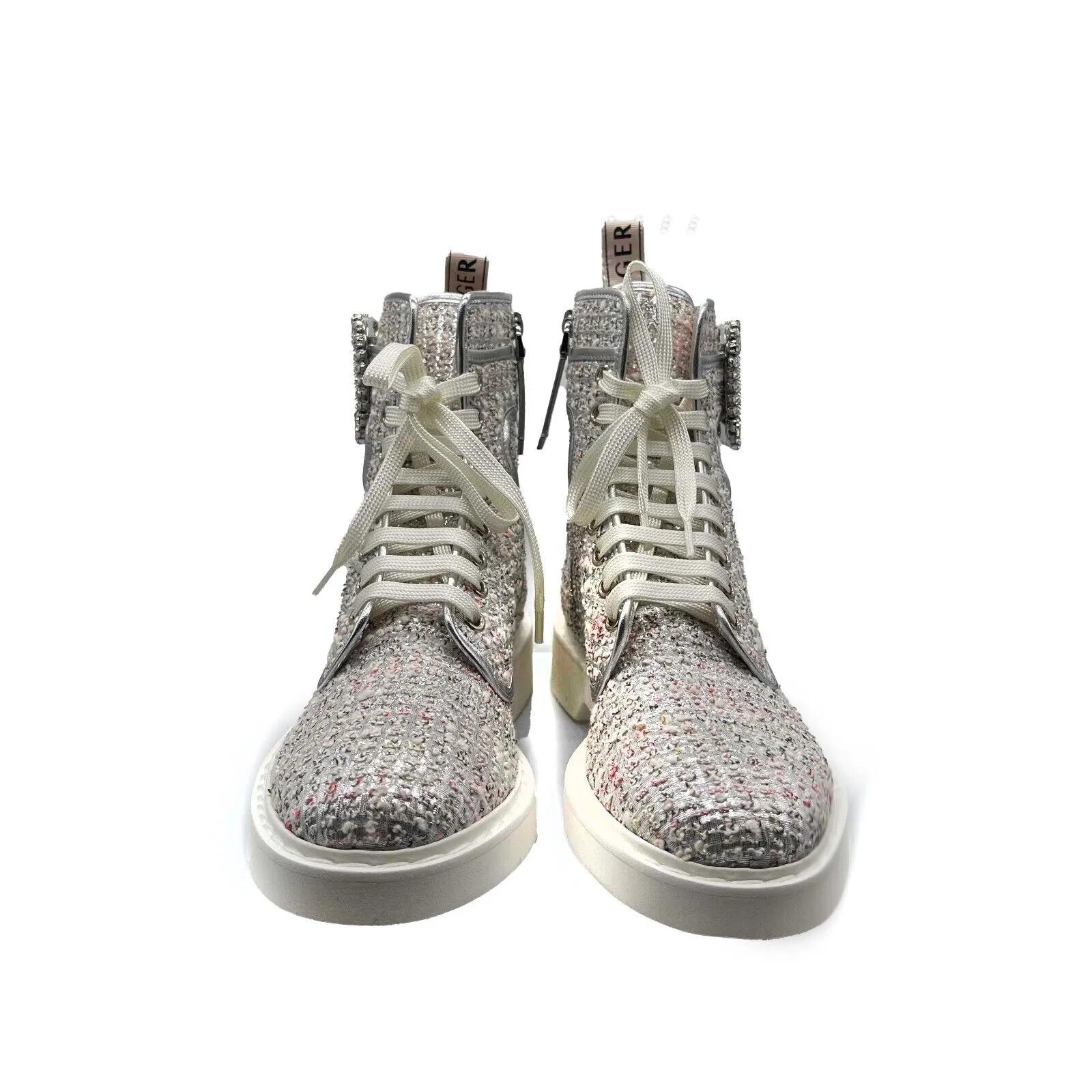 Roger Vivier NIB Crystal Tweed Cream Hiking Scout Boots 37 US 7 Silver Combat