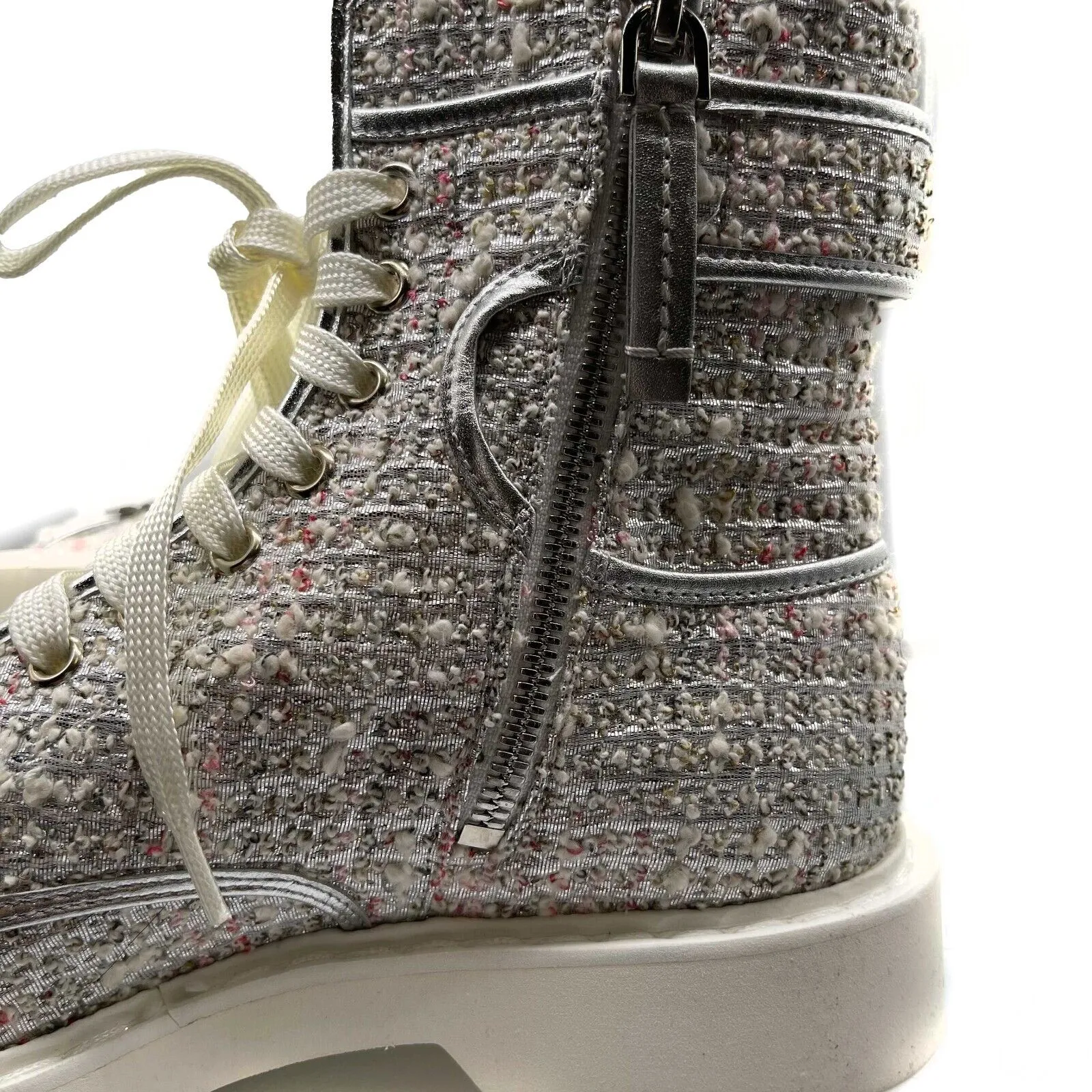 Roger Vivier NIB Crystal Tweed Cream Hiking Scout Boots 37 US 7 Silver Combat