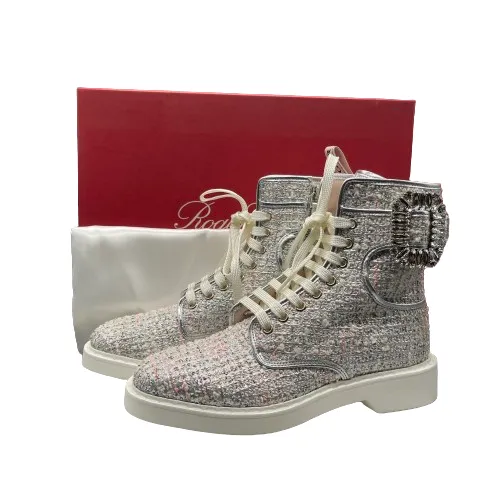 Roger Vivier NIB Crystal Tweed Cream Hiking Scout Boots 37 US 7 Silver Combat