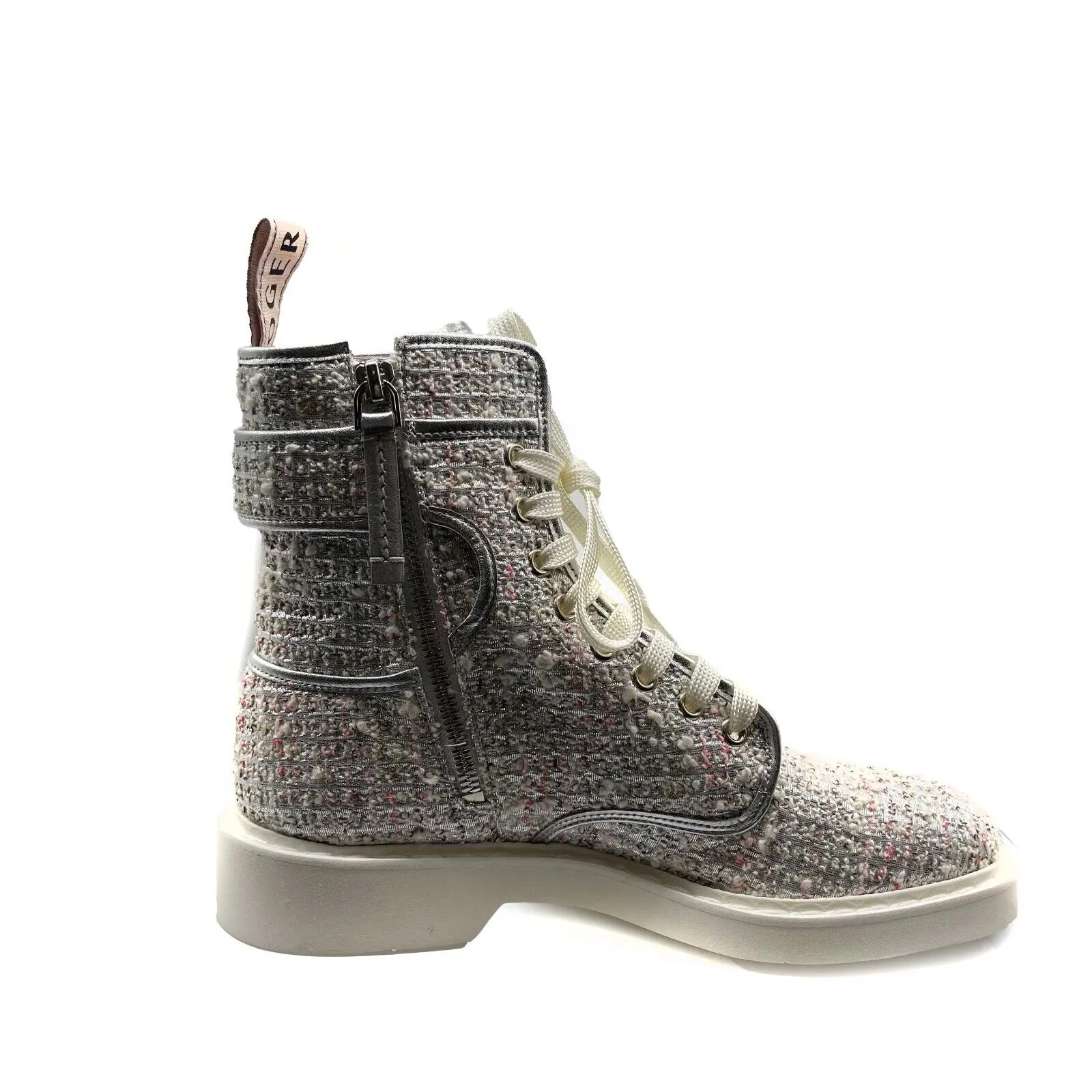 Roger Vivier NIB Crystal Tweed Cream Hiking Scout Boots 37 US 7 Silver Combat