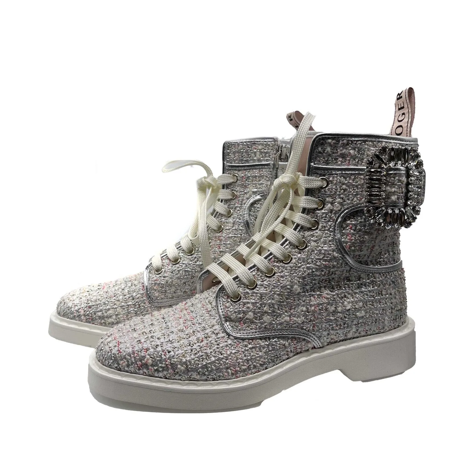 Roger Vivier NIB Crystal Tweed Cream Hiking Scout Boots 37 US 7 Silver Combat