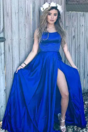 Royal Blue Satin Scoop Criss-Cross Straps Prom Dress With Side Split, MP340