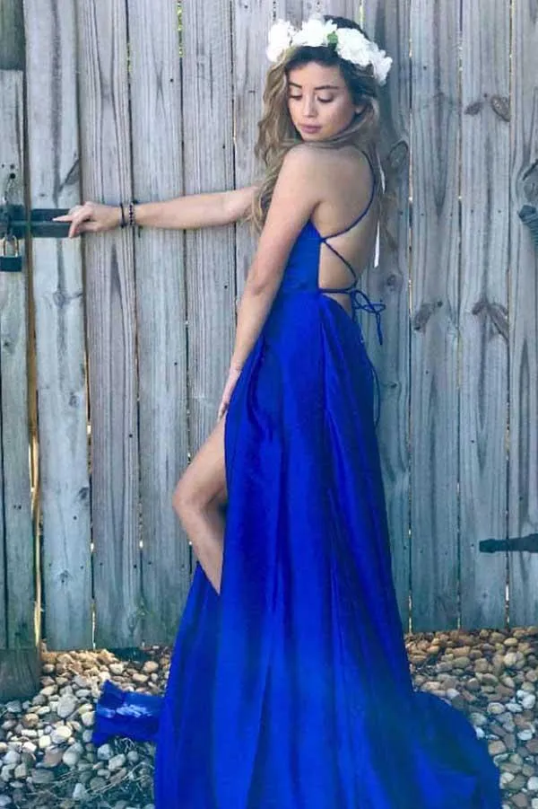 Royal Blue Satin Scoop Criss-Cross Straps Prom Dress With Side Split, MP340