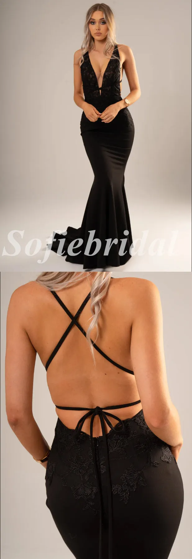 Sexy Black Lace Deep V-Neck Sleeveless Criss Cross Mermaid Long Prom Dresses,SFPD0590