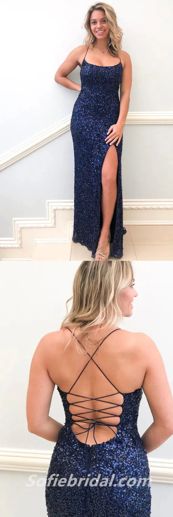Sexy Charming Sequin Halter Criss Cross Side Slit Sheath Long Prom Dresses,SFPD0263