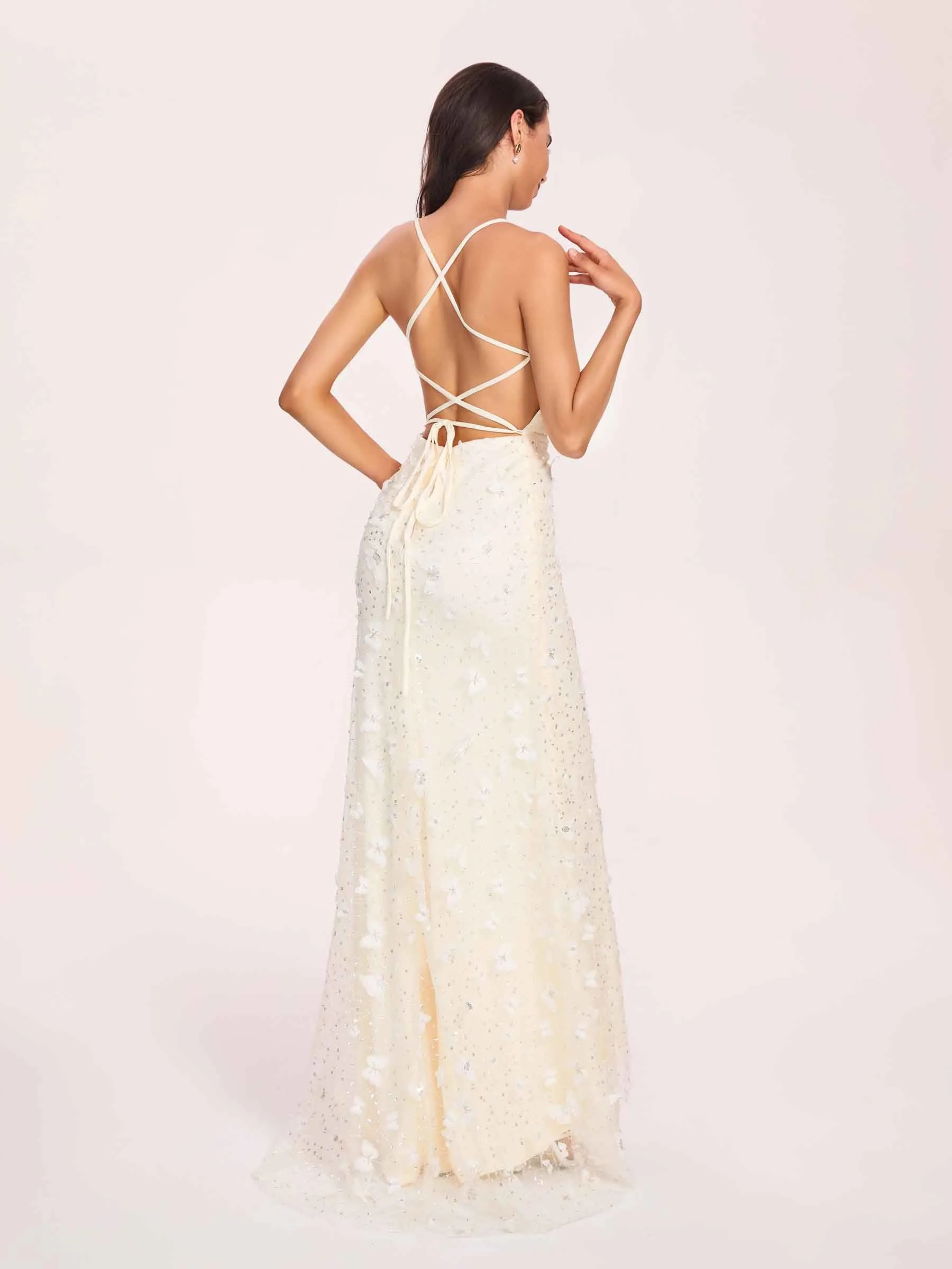 Sexy Cream Prom Dress Square Applique Spaghetti Straps Evening Dress