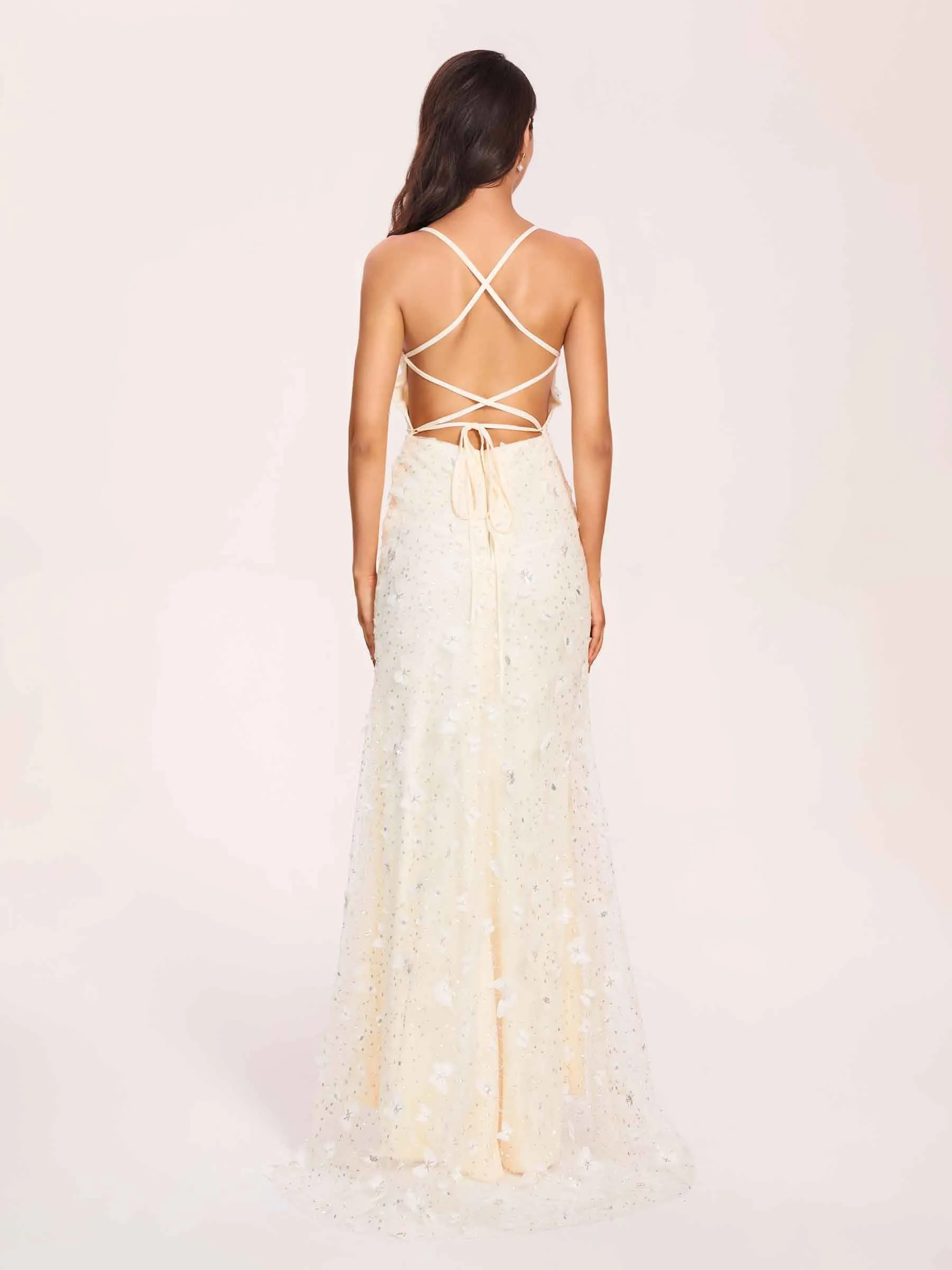 Sexy Cream Prom Dress Square Applique Spaghetti Straps Evening Dress