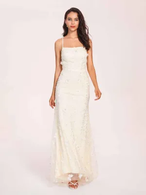 Sexy Cream Prom Dress Square Applique Spaghetti Straps Evening Dress