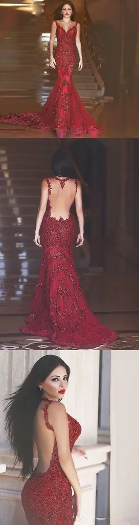 Sexy Red Mermaid Backless Prom Dress With Sequins, Evening Dress CMS211206