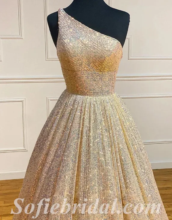 Sexy Sequin One Shoulder Sleeveless A-Line Long Prom Dresses,SFPD0512