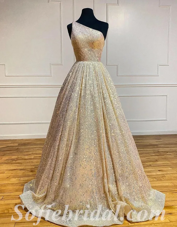 Sexy Sequin One Shoulder Sleeveless A-Line Long Prom Dresses,SFPD0512