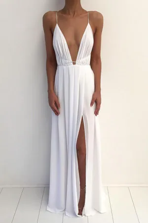 Sexy V-neck Spaghetti Strap Chiffon Long V Neck Prom Dresses With Front Split OKA56