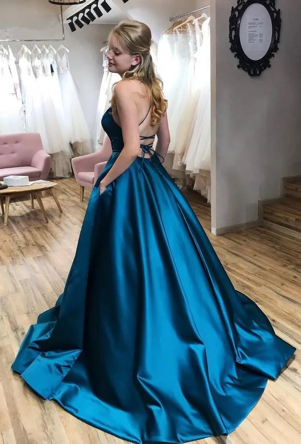 Spaghetti Straps A Line Satin Long Prom Dress Formal Dress Evening Dress Pageant Dance Dress School Party Gown OK1020