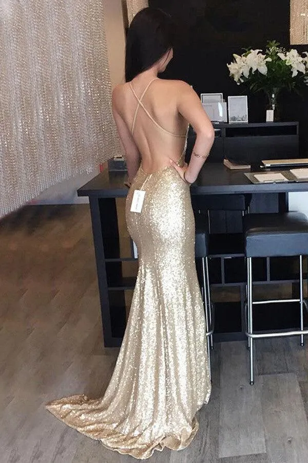 Spaghetti Straps Sweep Train Criss-Cross Straps Gold Sequined Prom Dress TP0064