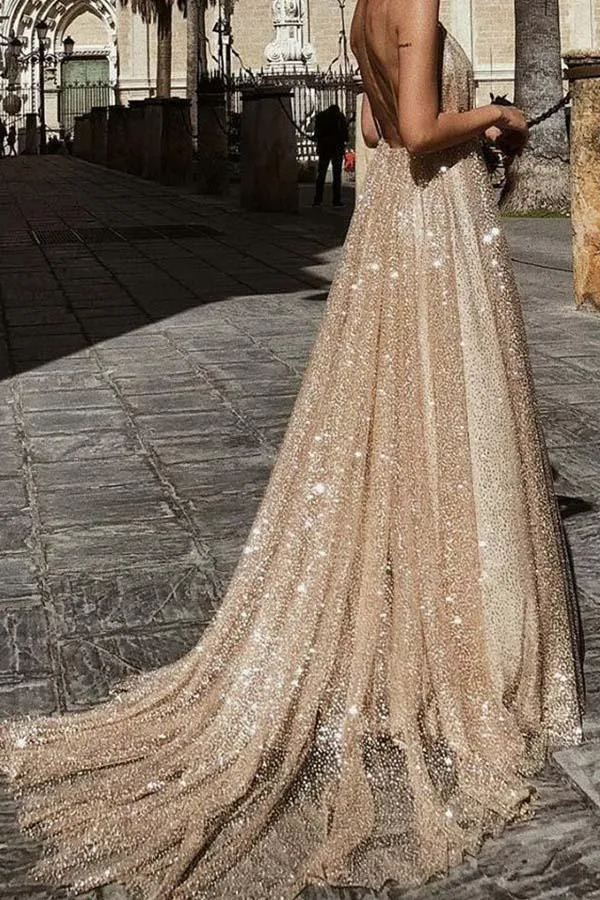 Sparkle Backless Plunging Neckline Long Prom Evening Dress TP0171