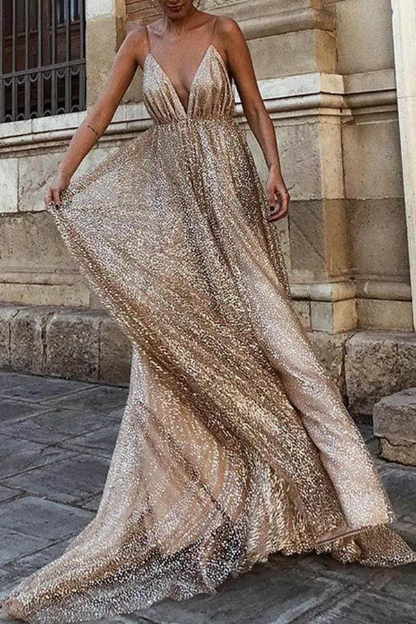 Sparkle Backless Plunging Neckline Long Prom Evening Dress TP0171