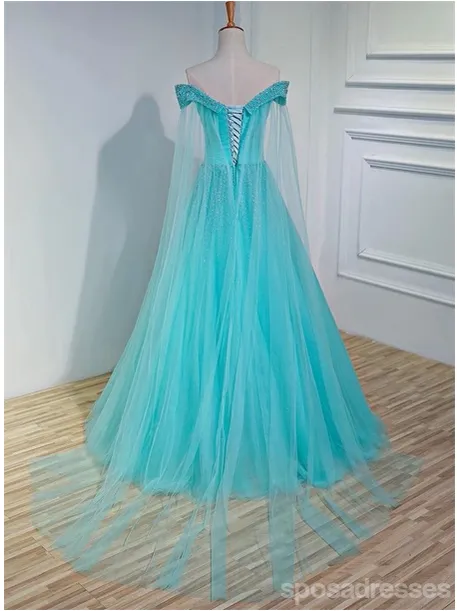 Sparkly Blue A-line Off Shoulder Long Prom Dresses Online, Dance Dresses,12710