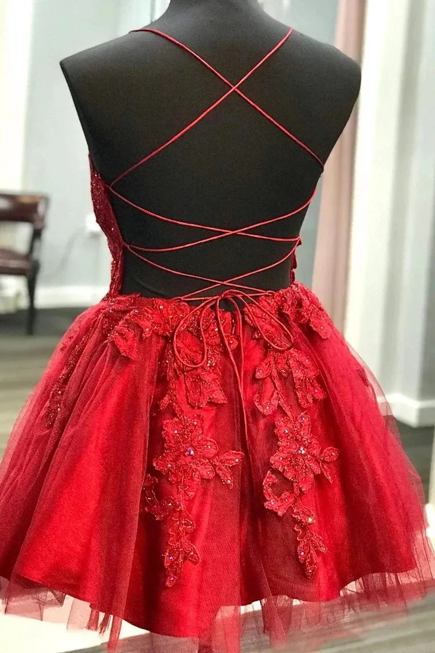 Straps Short Homecoming Dress Lace Applique Red Short Prom Dress OM492
