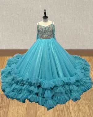 Stunning Couture Pageant Teal Organza Ballgown