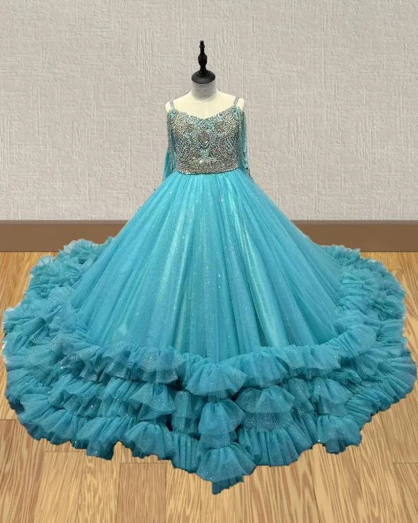 Stunning Couture Pageant Teal Organza Ballgown